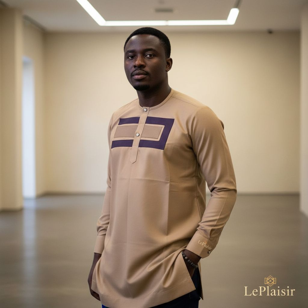 Chemise homme élégante beige sable col mao, manches longues, coupe ajustée