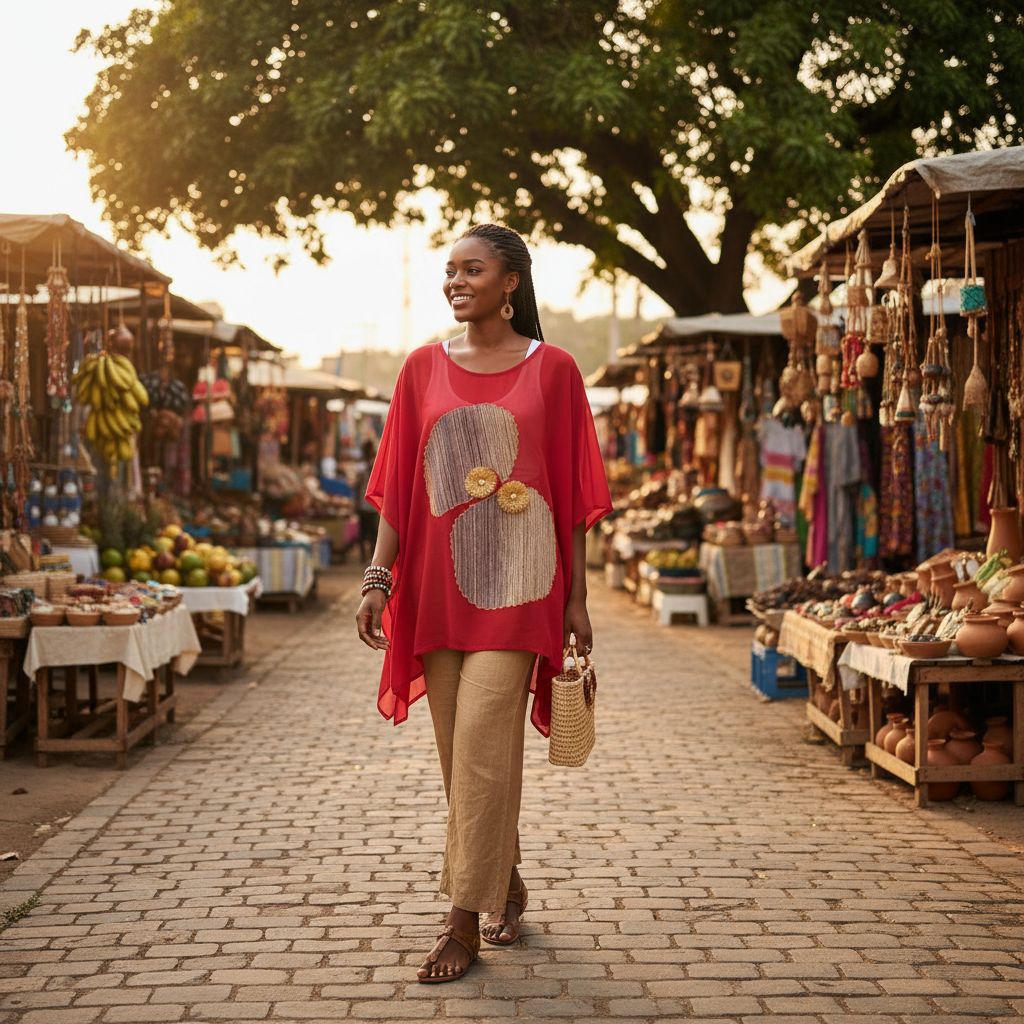 Haut femme bohème chic rouge fait main, tunique pagne tissé élégante