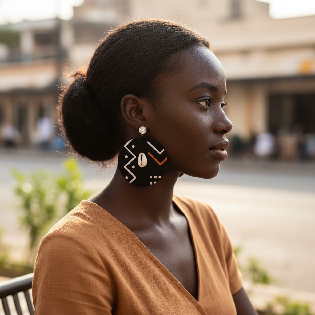 Boucles d’oreilles africaines bogolan noir cauris – Bijoux ethniques femme