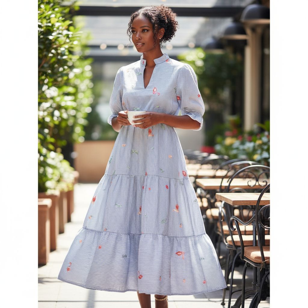 Robe coton rayée femme bleu, longue bohème chic, fluide et élégante