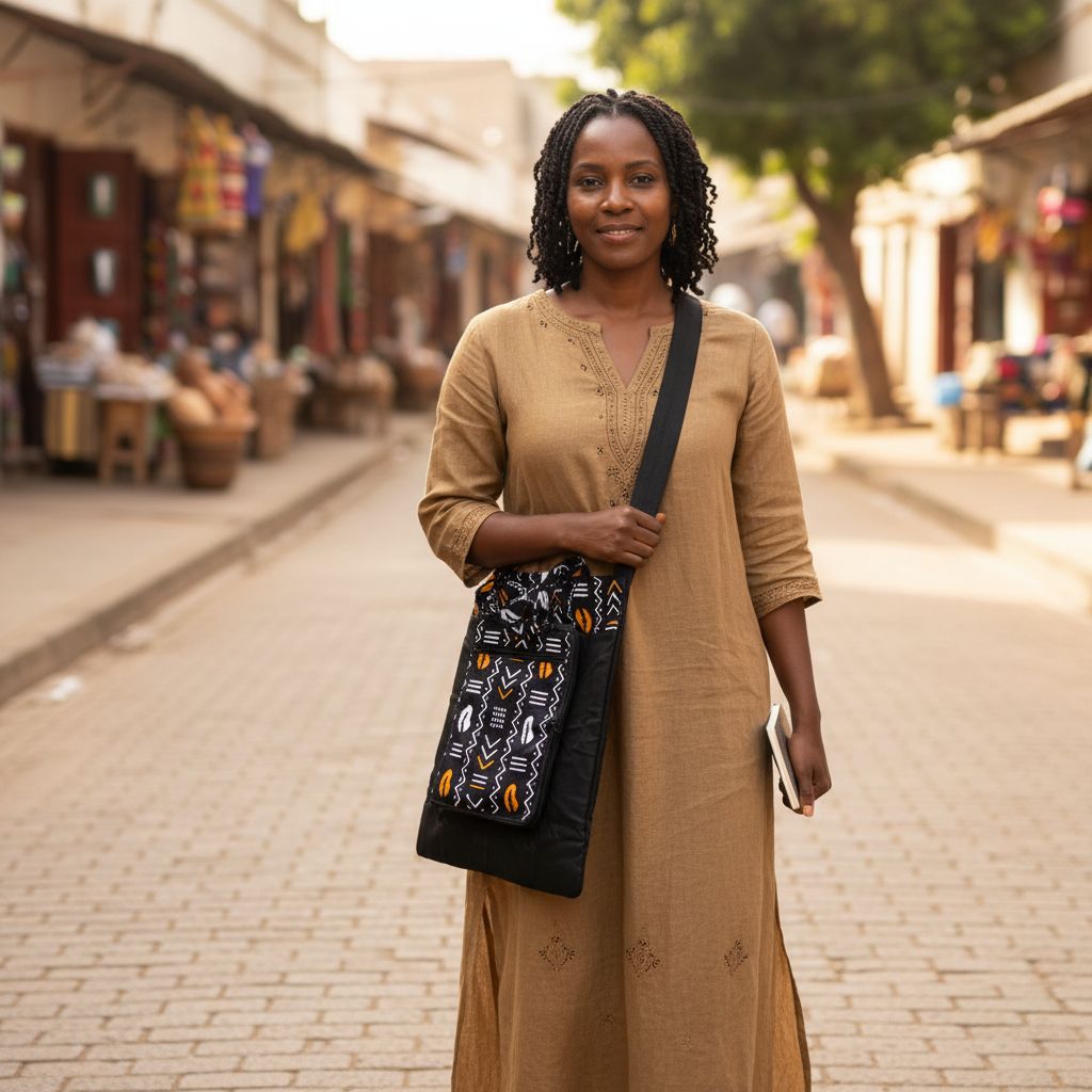 Sac bandoulière wax et lin, pliable, motif géométrique ethnique noir-orange