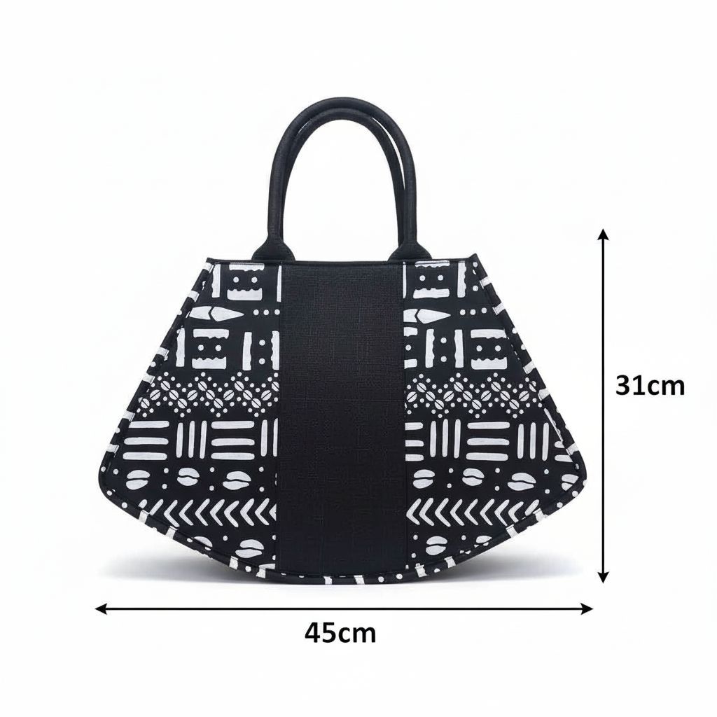 Grand sac à main wax et raphia noir et blanc