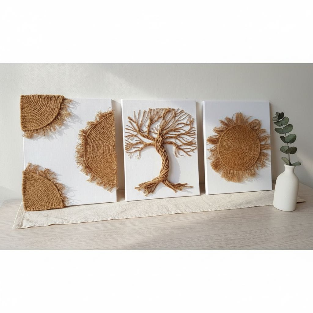 Tableau décoratif mural blanc beige 50x40 cm, corde de jute bohème