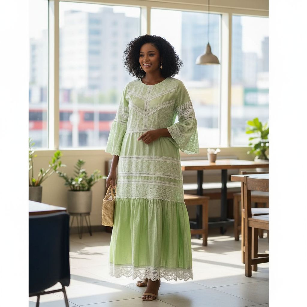 Robe verte brodée femme élégante, style bohème chic, garnitures blanches