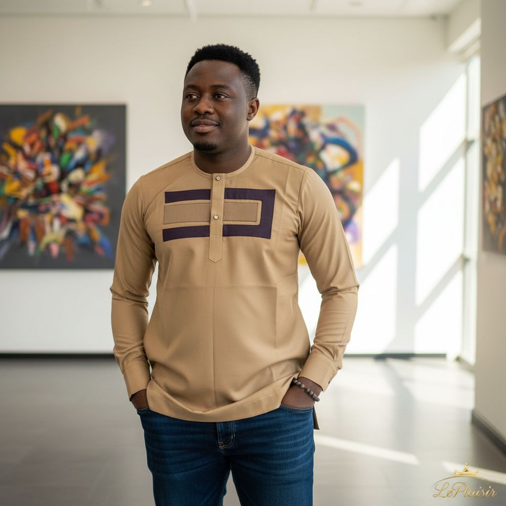 Chemise homme élégante beige et bleu, col rond, manches longues ajustée