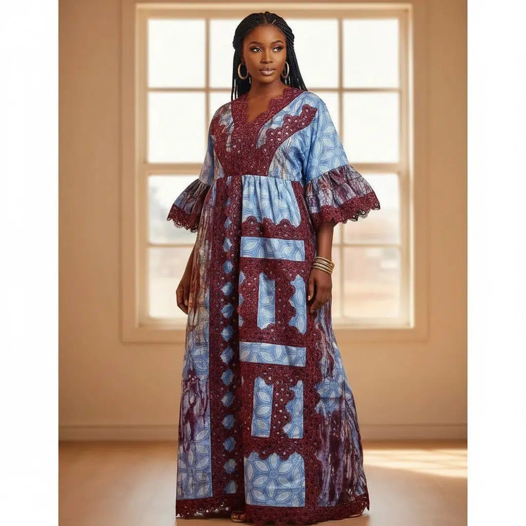 Robe bohème chic femme longue patchwork dentelle bordeaux bleu ethnique