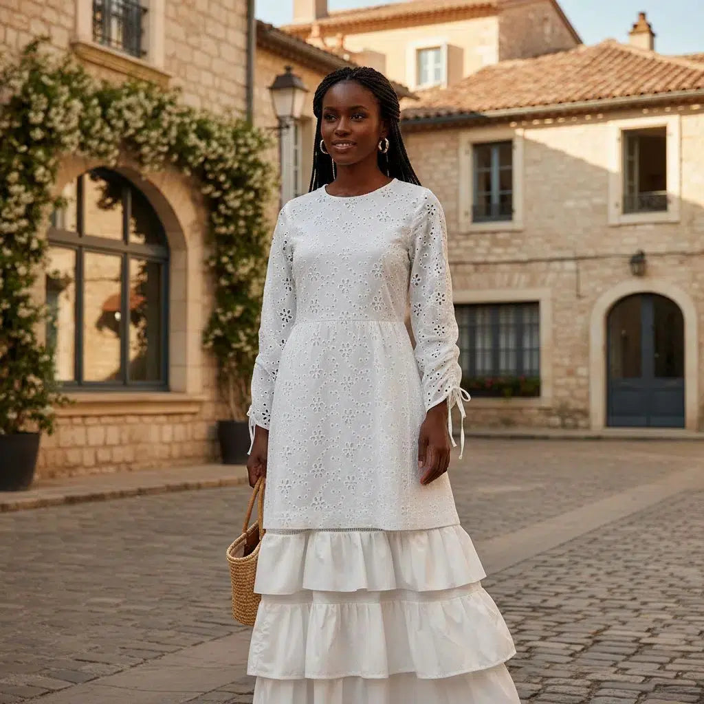 Robe brodée femme, élégante bohème chic, coton manches longues