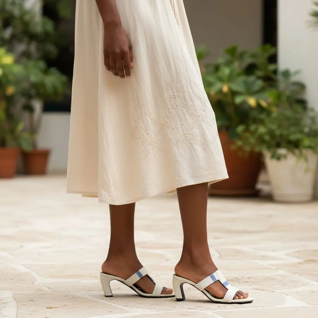Sandales femme pagne tissé à talons carrés – élégance artisanale et confort