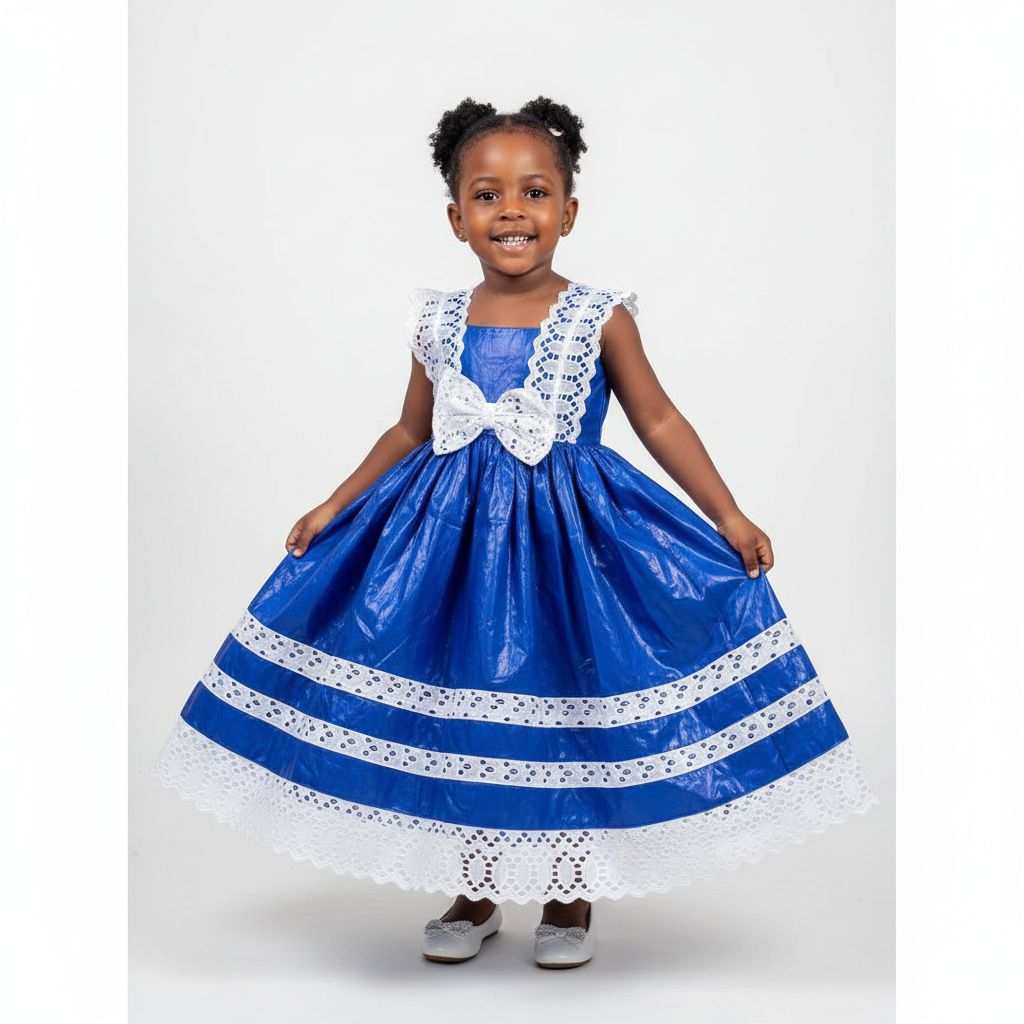 Robe cérémonie fille 4 ans bazin bleu brodée blanche