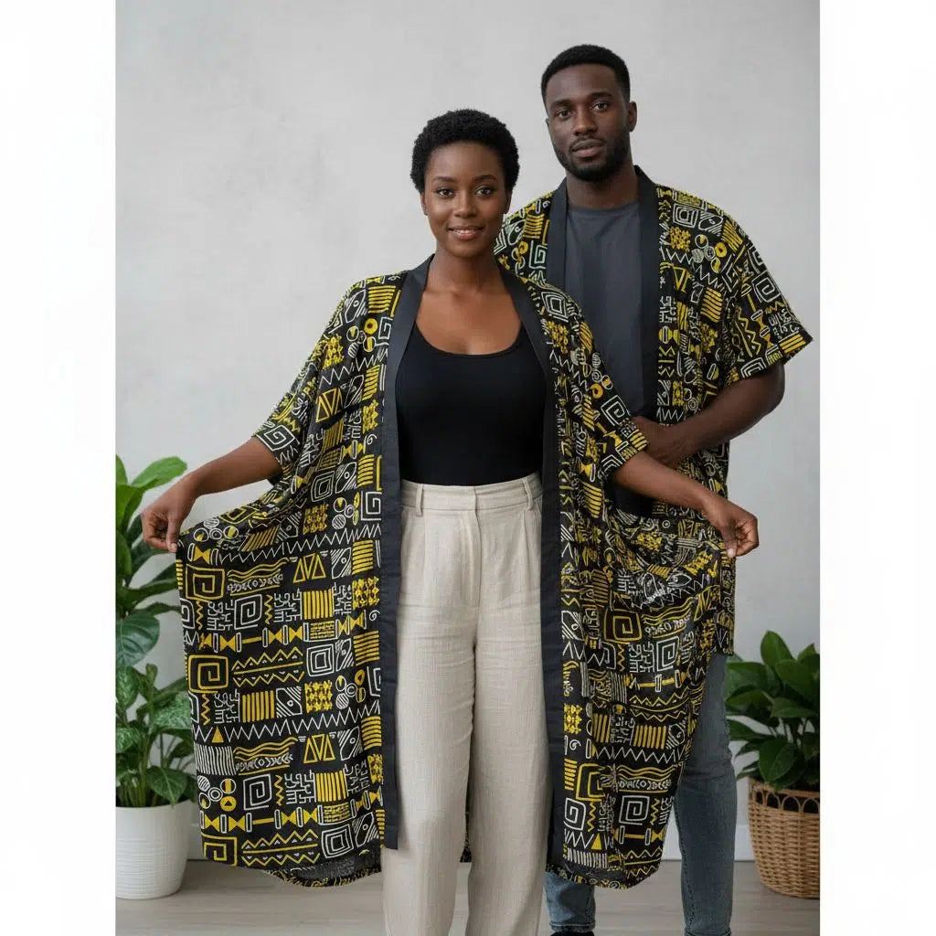Kimono femme imprimé noir et jaune avec design africain