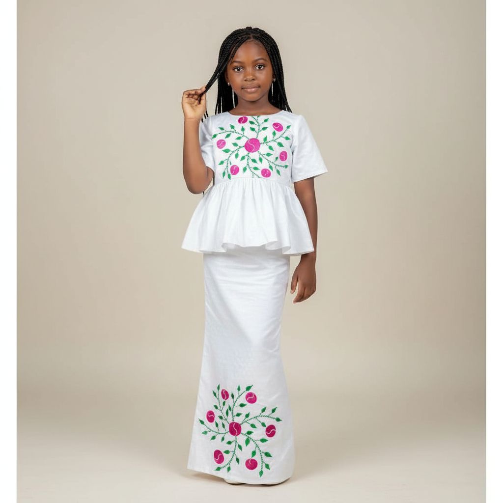 Ensemble cérémonie fille 6 ans blanc jupe et haut bazin riche élégant