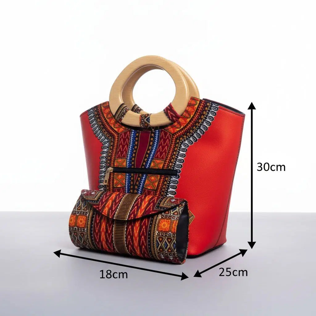 Sac à main femme ethnique wax africain avec pochette, poignée bois chic