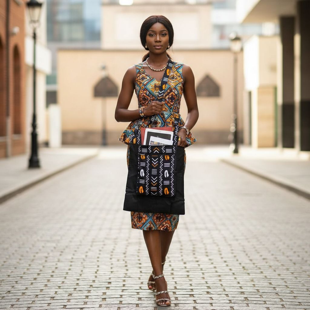 Sac bandoulière wax et lin, pliable, motif géométrique ethnique noir-orange