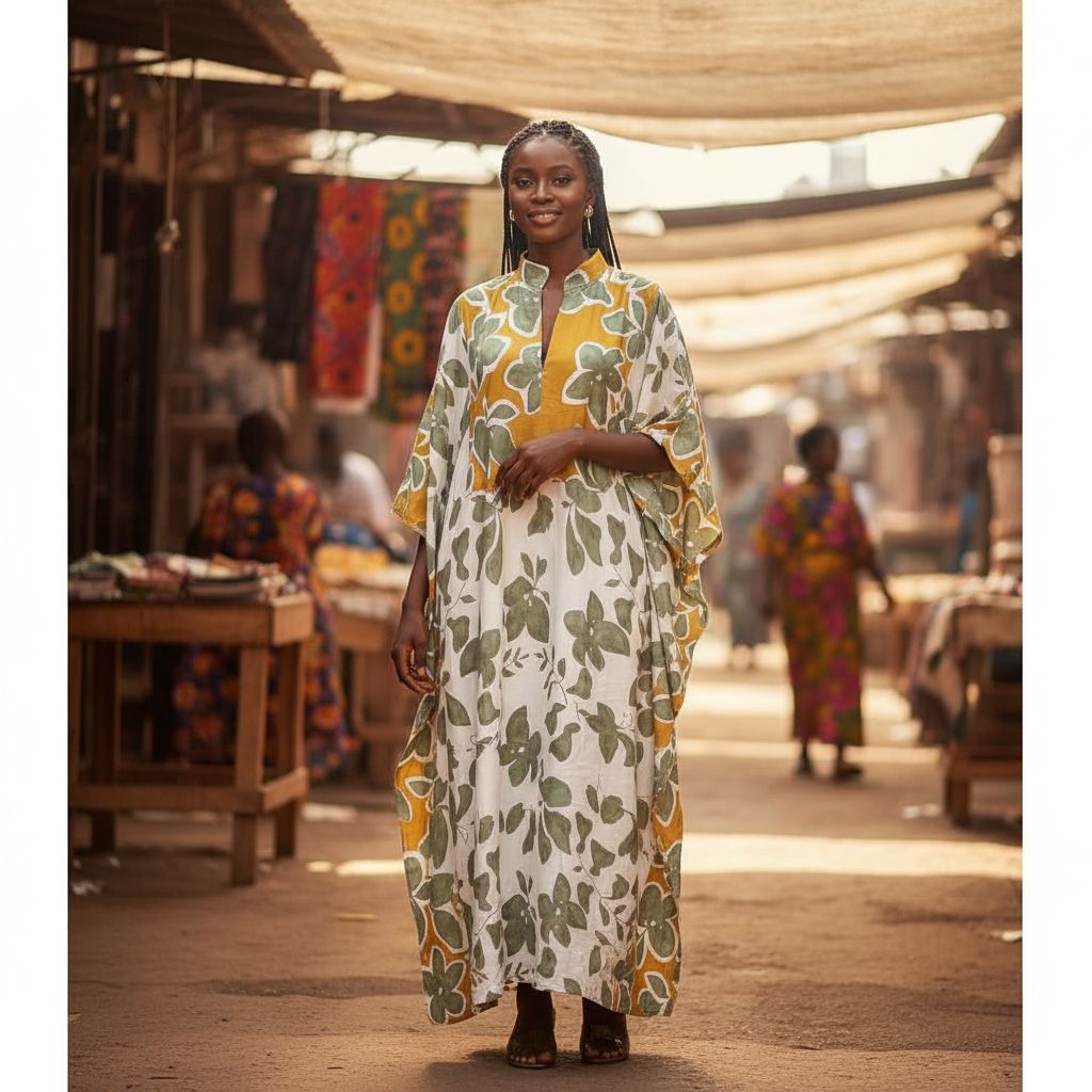 Robe longue bohème femme col mao, florale vert et ocre, coton lin ample