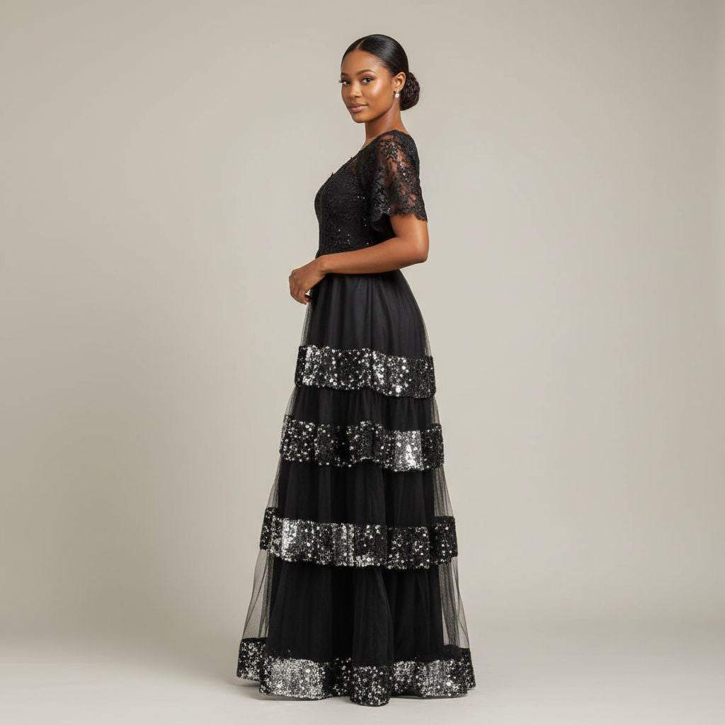 Robe soirée noire sequins longue tulle élégante, chic et brillante femme