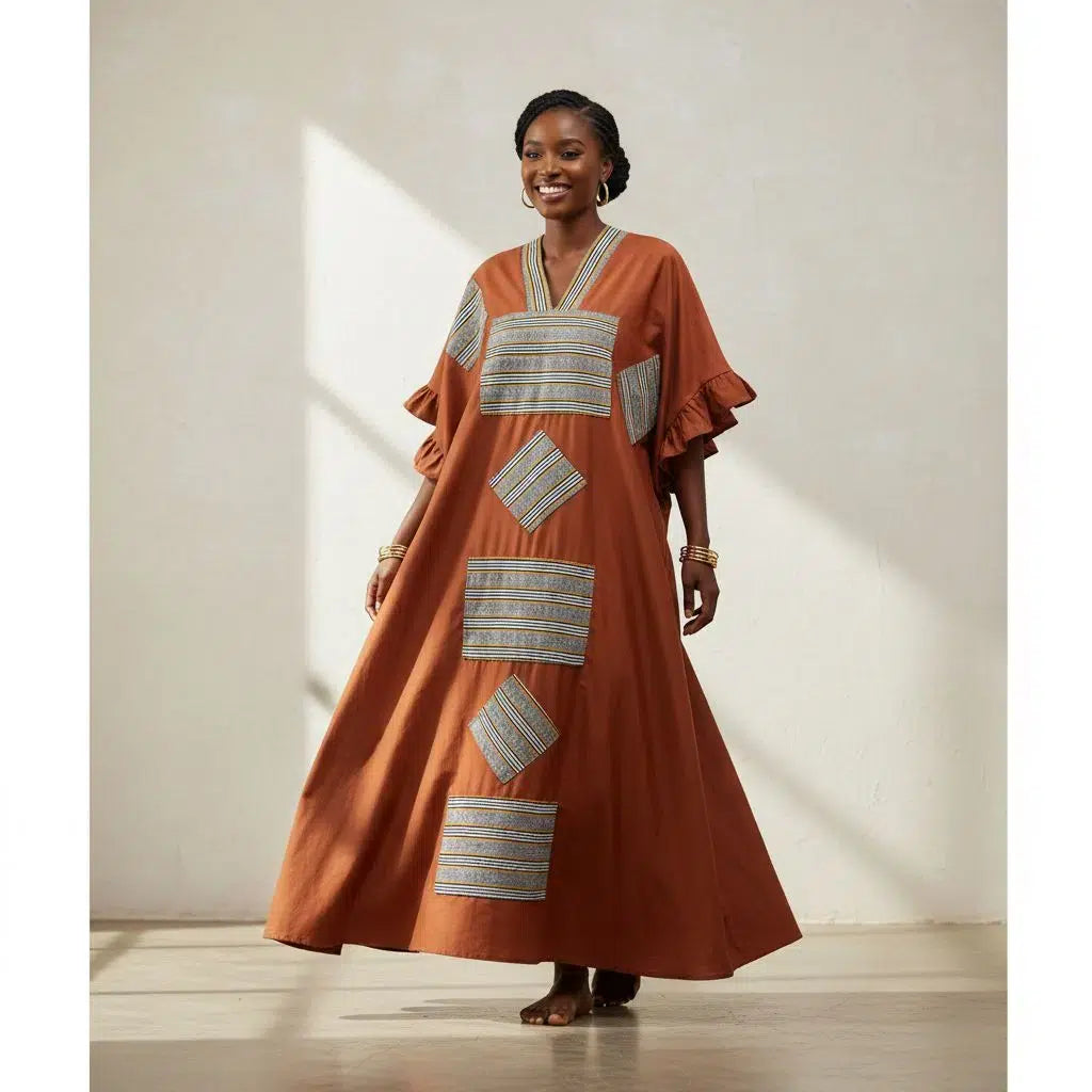 Robe tunique dame en coton avec motif pagne tissé chic ethnique