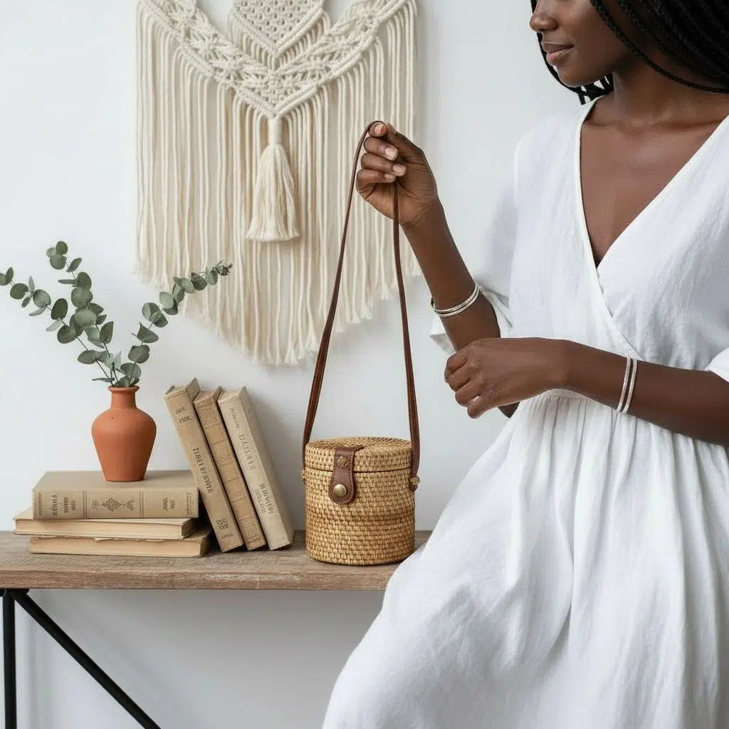 Sac bandoulière rotin femme bohème rond