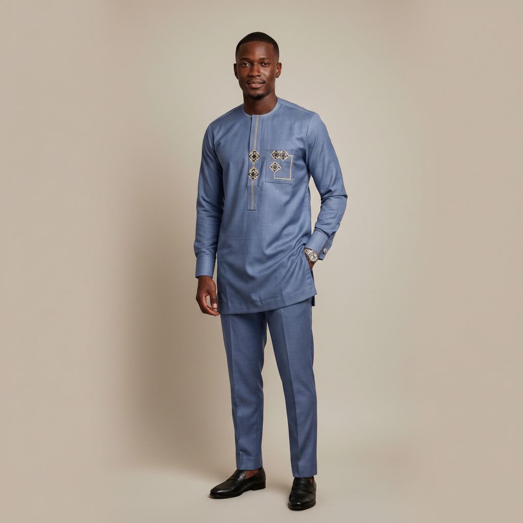 Tunique homme élégante bleu, tenue traditionnelle chic, coton polyester
