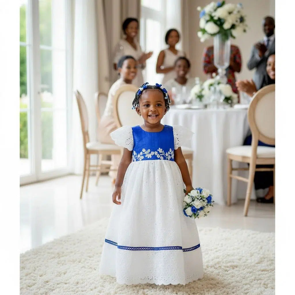 Robe cérémonie fille 2 ans brodée blanche et bleu bic