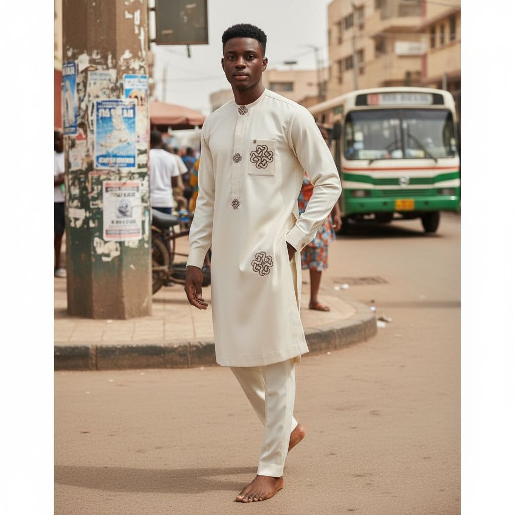 Costume africain homme élégant ivoire broderie, tenue cérémonie col mao