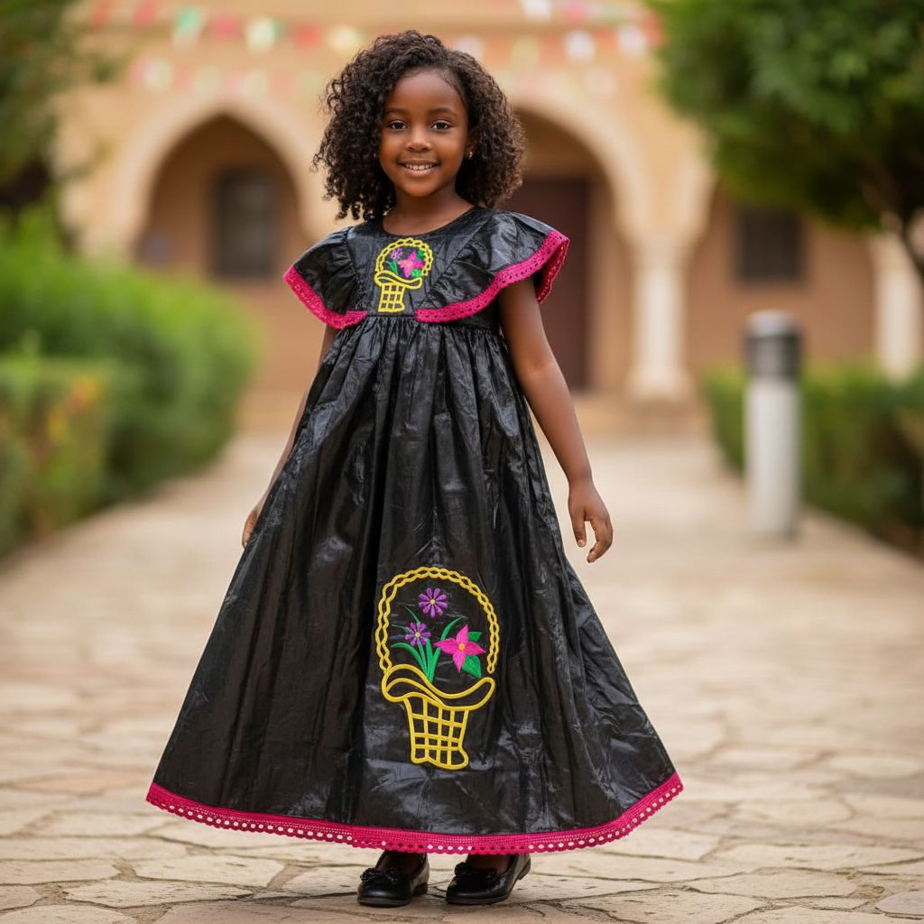 Robe fille cérémonie noire brodée coton bazin