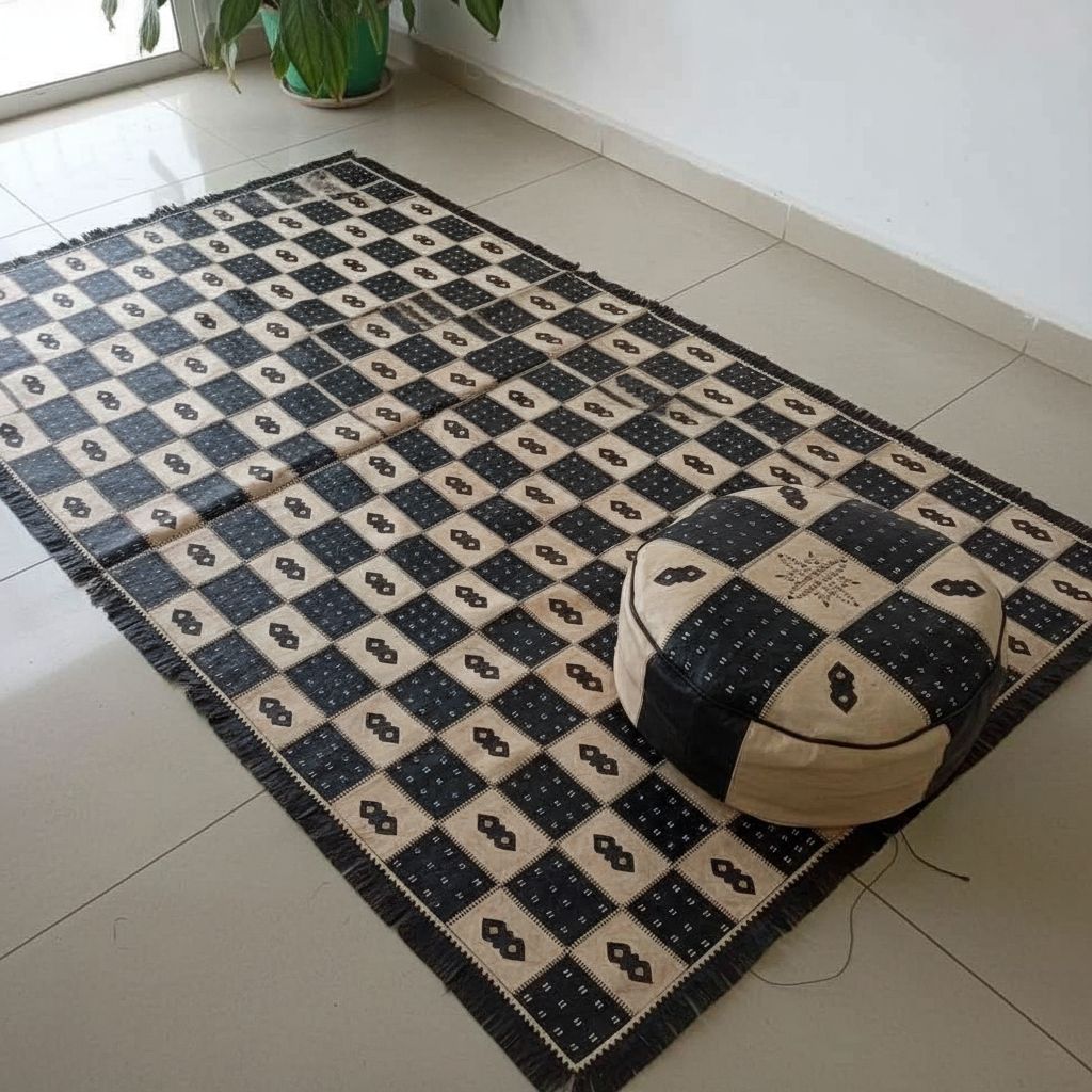 TAPIS ABDUJALIL/TAPIS EN CUIR TANNEE AVEC SES 3 POUFS