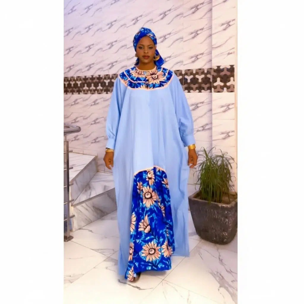 Tunique femme sénégalaise élégante, robe longue africaine avec foulard