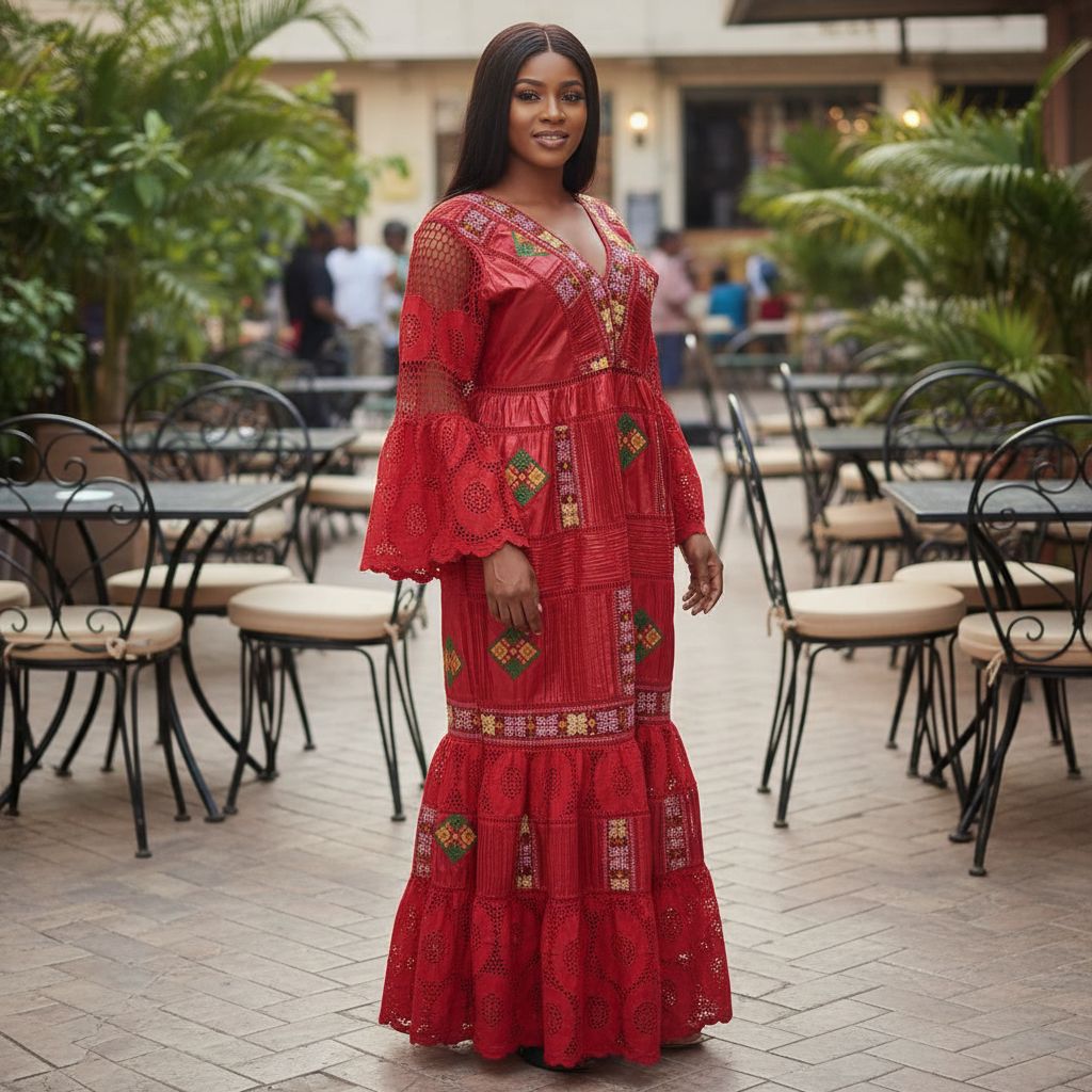 Robe geztner brodée rouge longue élégante, robe africaine femme cérémonie