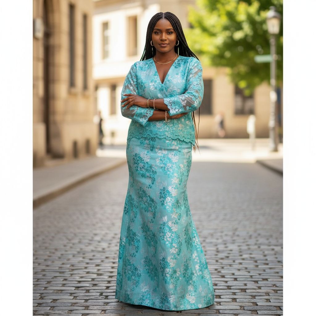 Robe femme brocart dentelle élégante, longue, idéale cérémonie ou soirée