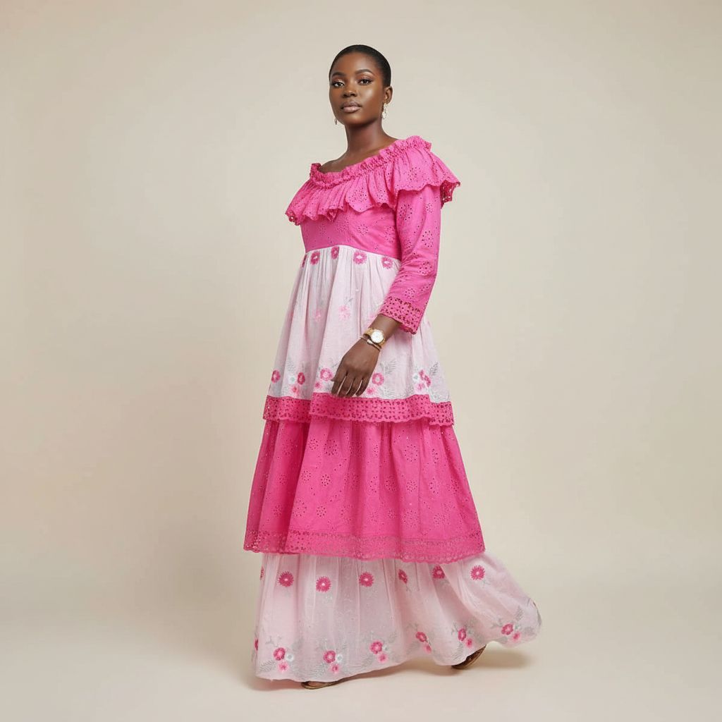 Robe voile brodée rose longue bohème chic femme, élégante et fleurie