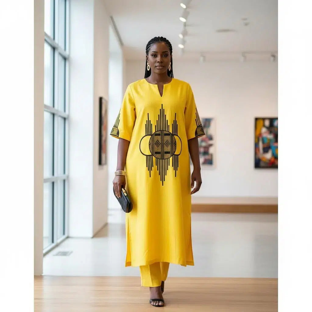 Robe jaune femme élégante 3/4 et pantalon, tenue satinée chic été