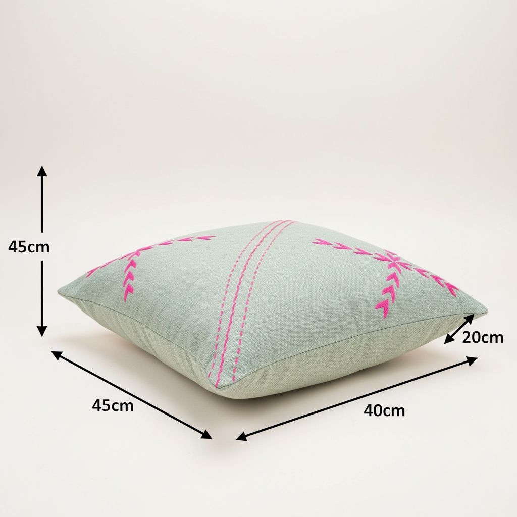 Coussin décoratif artisanal brodé main vert et rose – Design moderne canapé