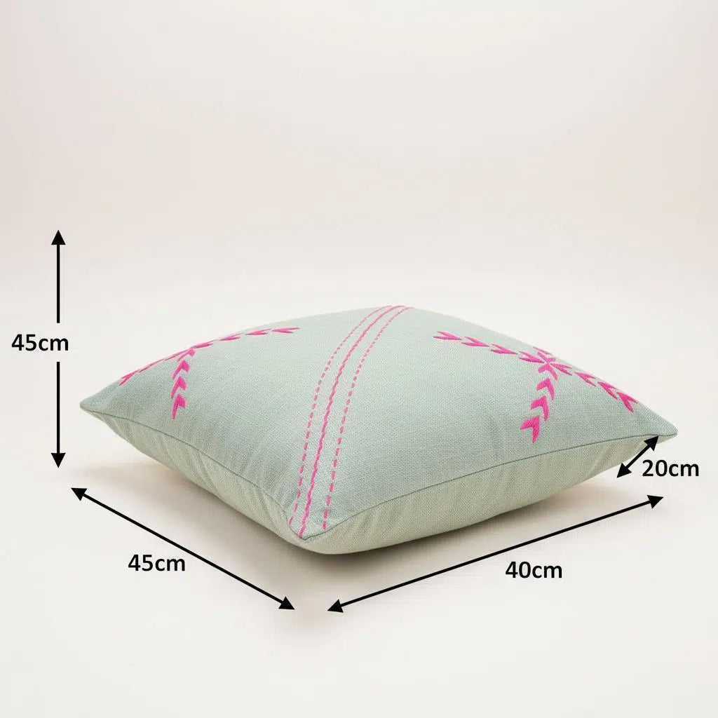Coussin décoratif artisanal brodé main vert et rose – Design moderne canapé