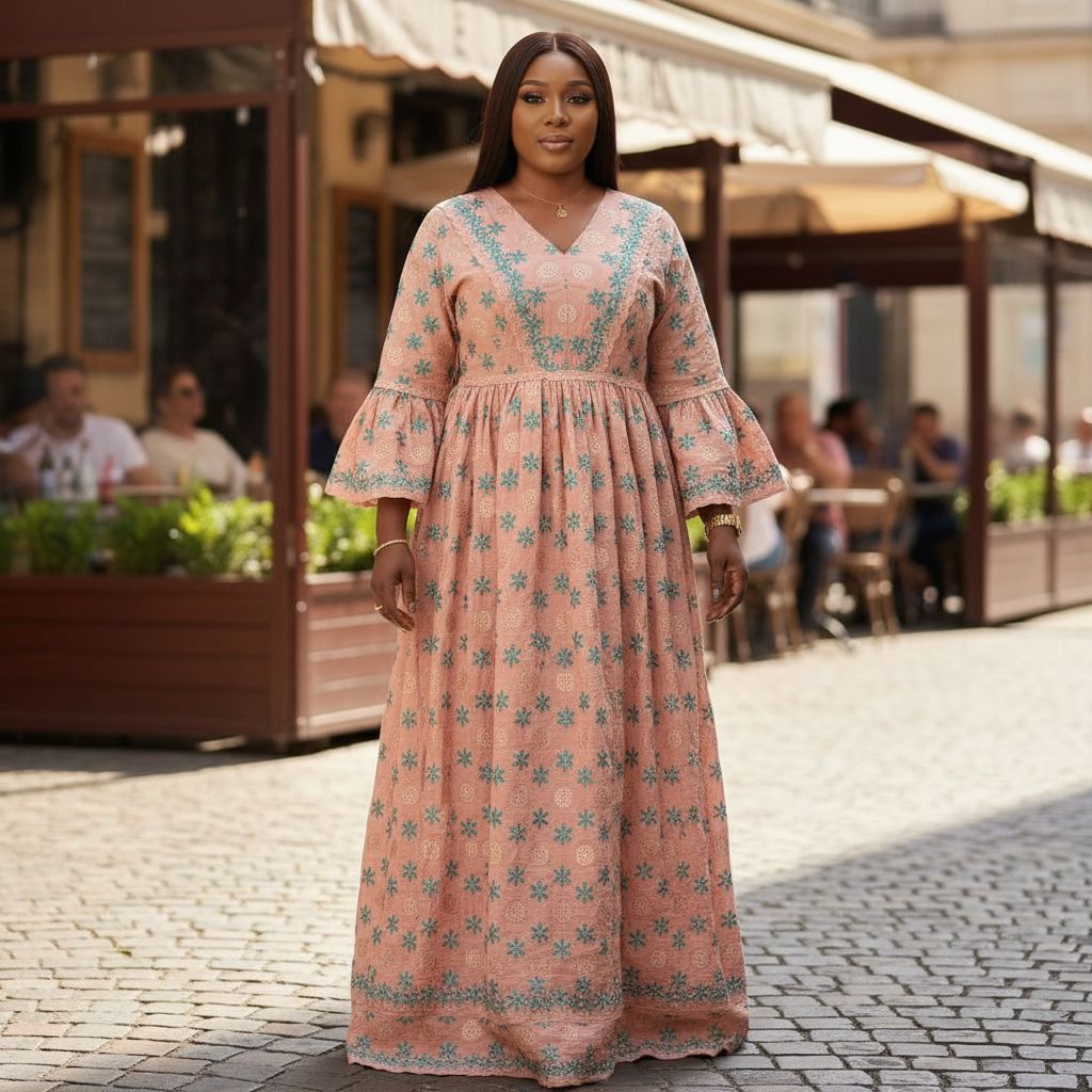 Robe femme brodée longue élégante, dentelle bohème chic, multicolore