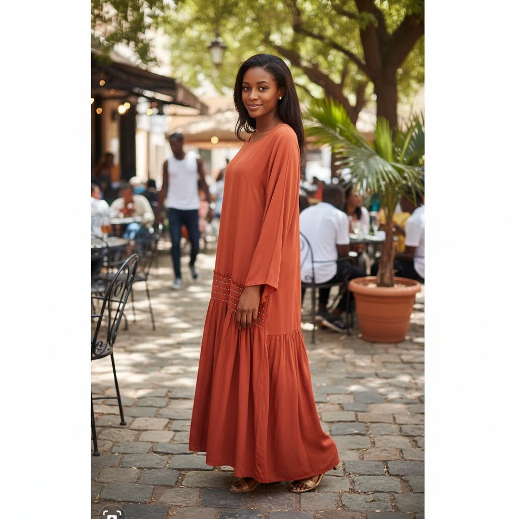 Robe orange perles dorées longue élégante femme chic et confortable