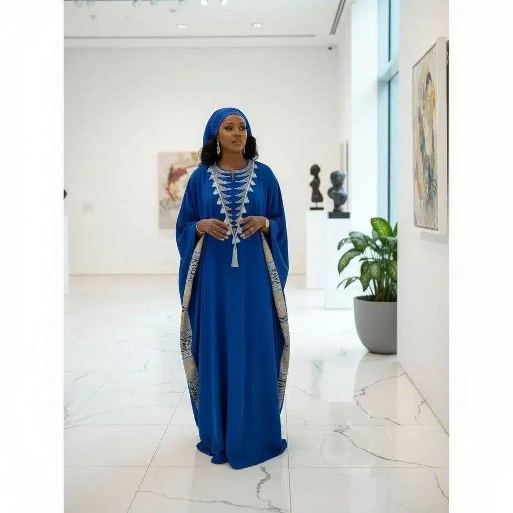 Boubou femme élégant bleu roi – Robe longue pagne tissé brodé cérémonie chic