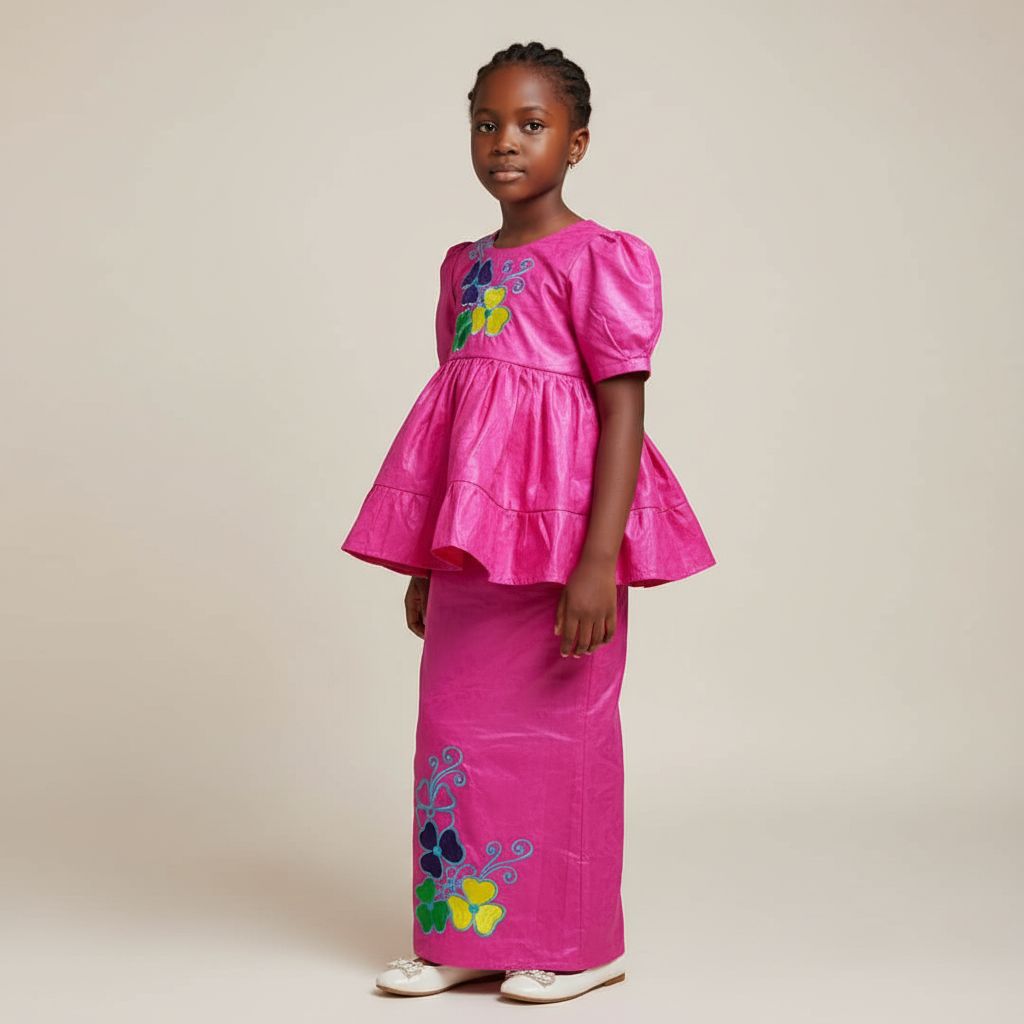 Ensemble cérémonie fille 6 ans jupe et haut bazin riche rose fuchsia élégant