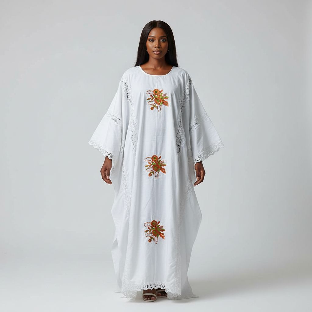 Boubou femme blanc brodé élégant, robe traditionnelle mariage broderie orange