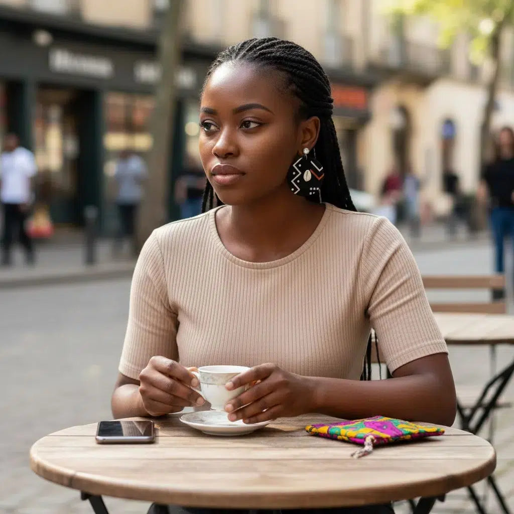 Boucles d’oreilles africaines bogolan noir cauris – Bijoux ethniques femme