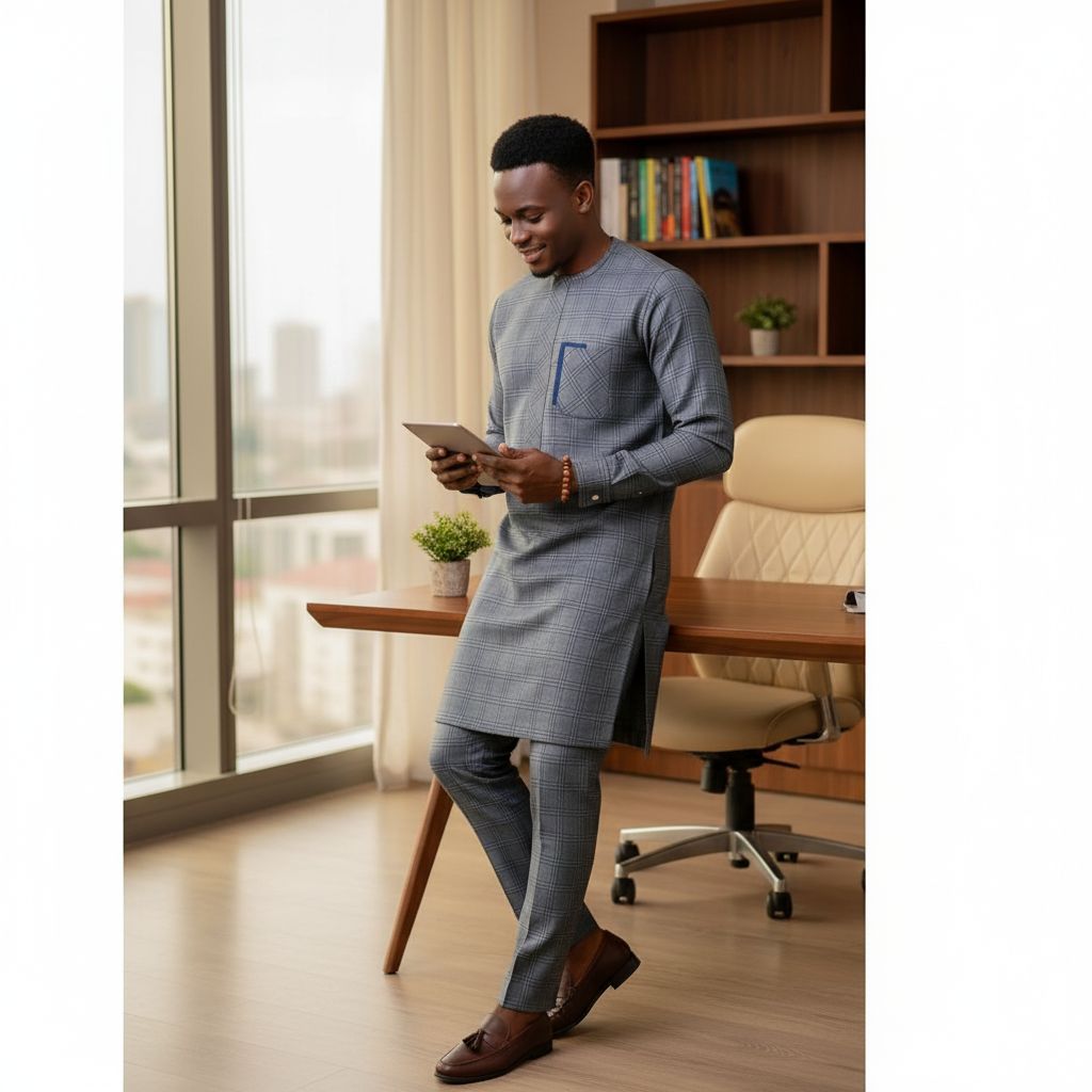 Ensemble homme élégant gris et bleu – Tunique et pantalon moderne chic