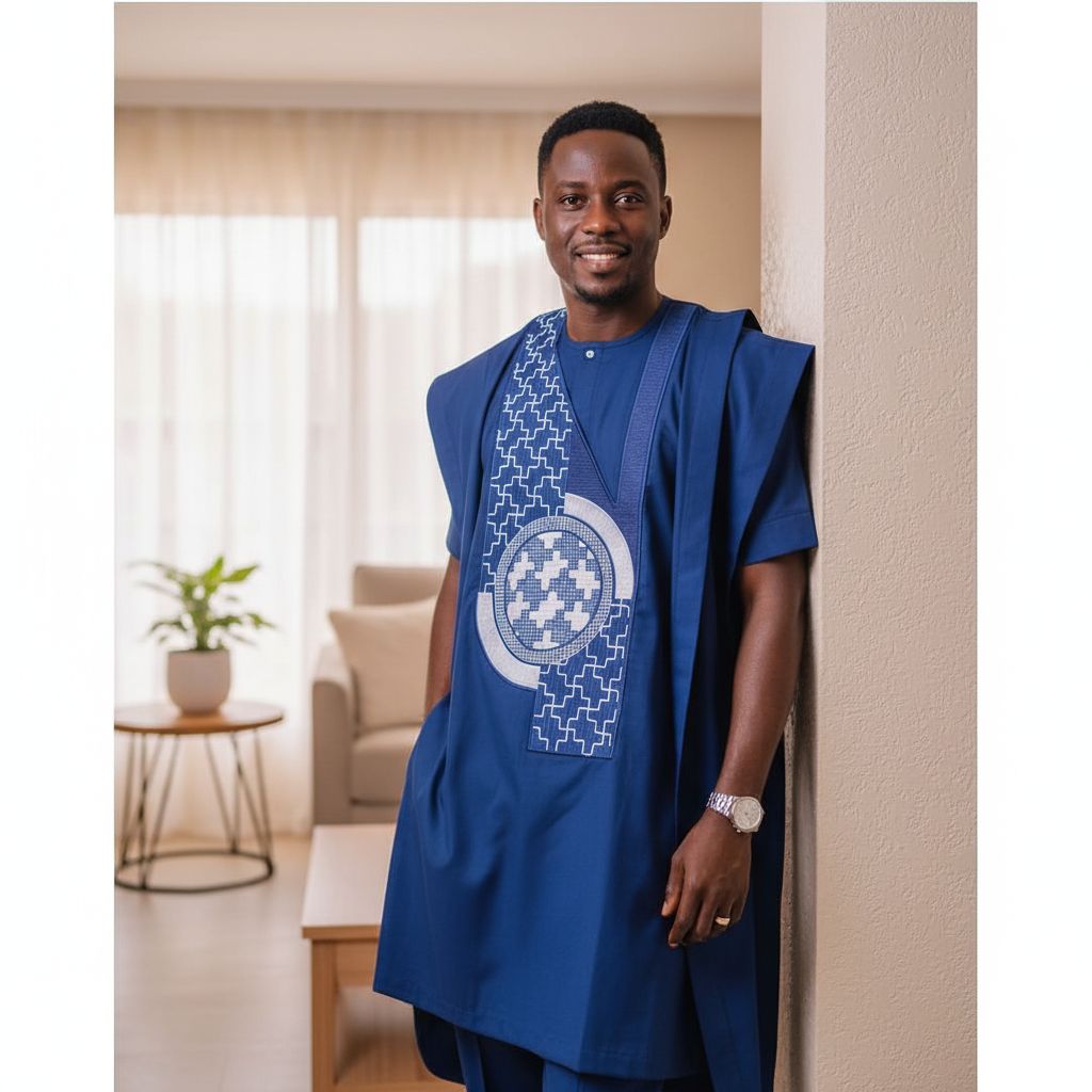 Boubou homme 3 pièces bleu brodé, ensemble élégant pour cérémonie