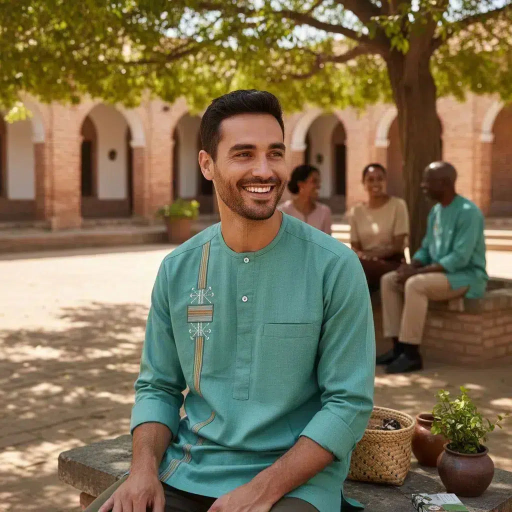 Chemise homme lin brodée, patchwork pagne, artisanale et élégante