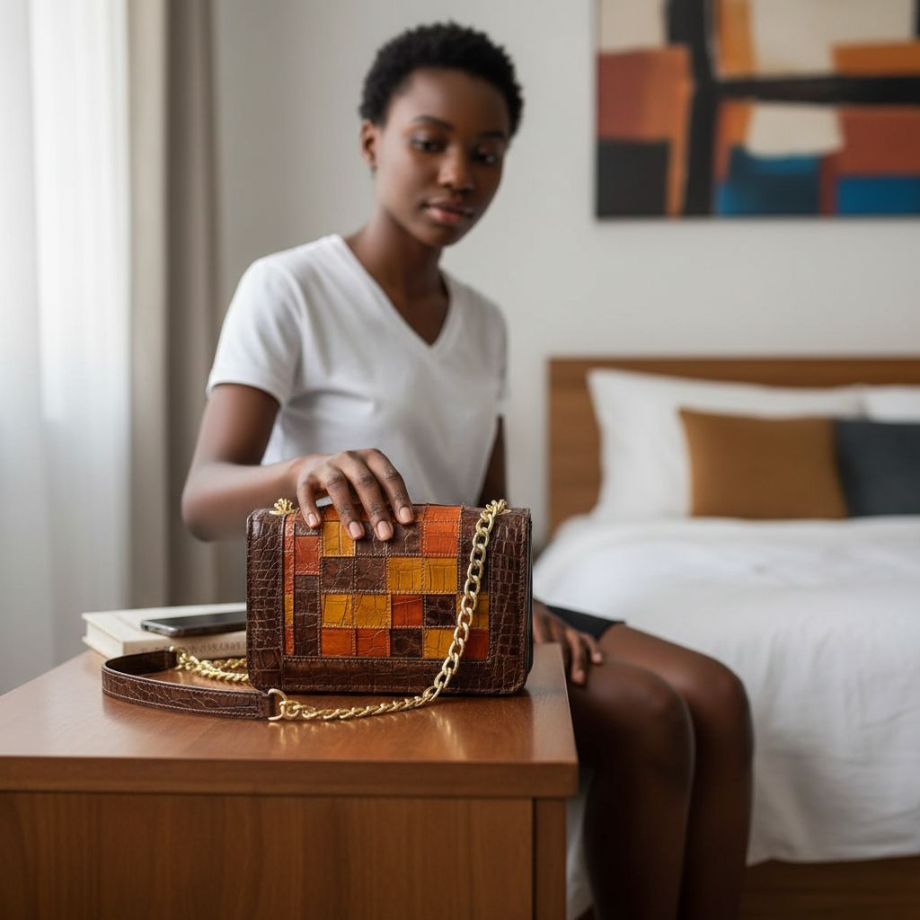 Sac à main cuir patchwork élégant, bandoulière chaîne dorée, style chic