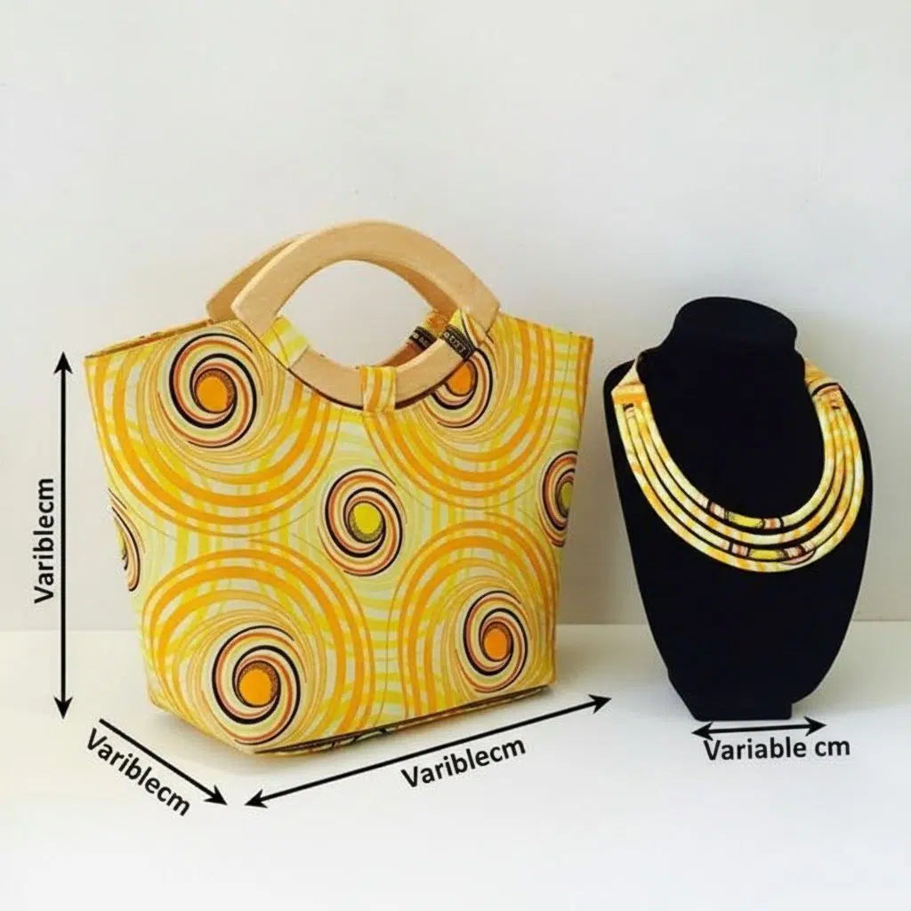 Ensemble sac à main jaune en wax avec collier ras de cou assorti