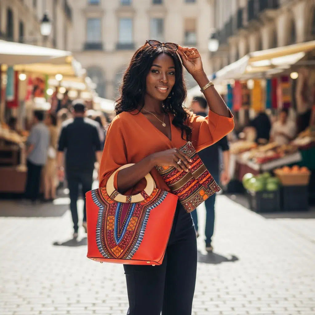 Sac à main femme ethnique wax africain avec pochette, poignée bois chic