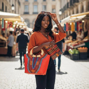Sac à main femme ethnique wax africain avec pochette, poignée bois chic