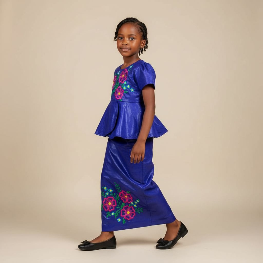 Ensemble cérémonie fille 7 ans bleu Bic, jupe et haut floral chic bazin
