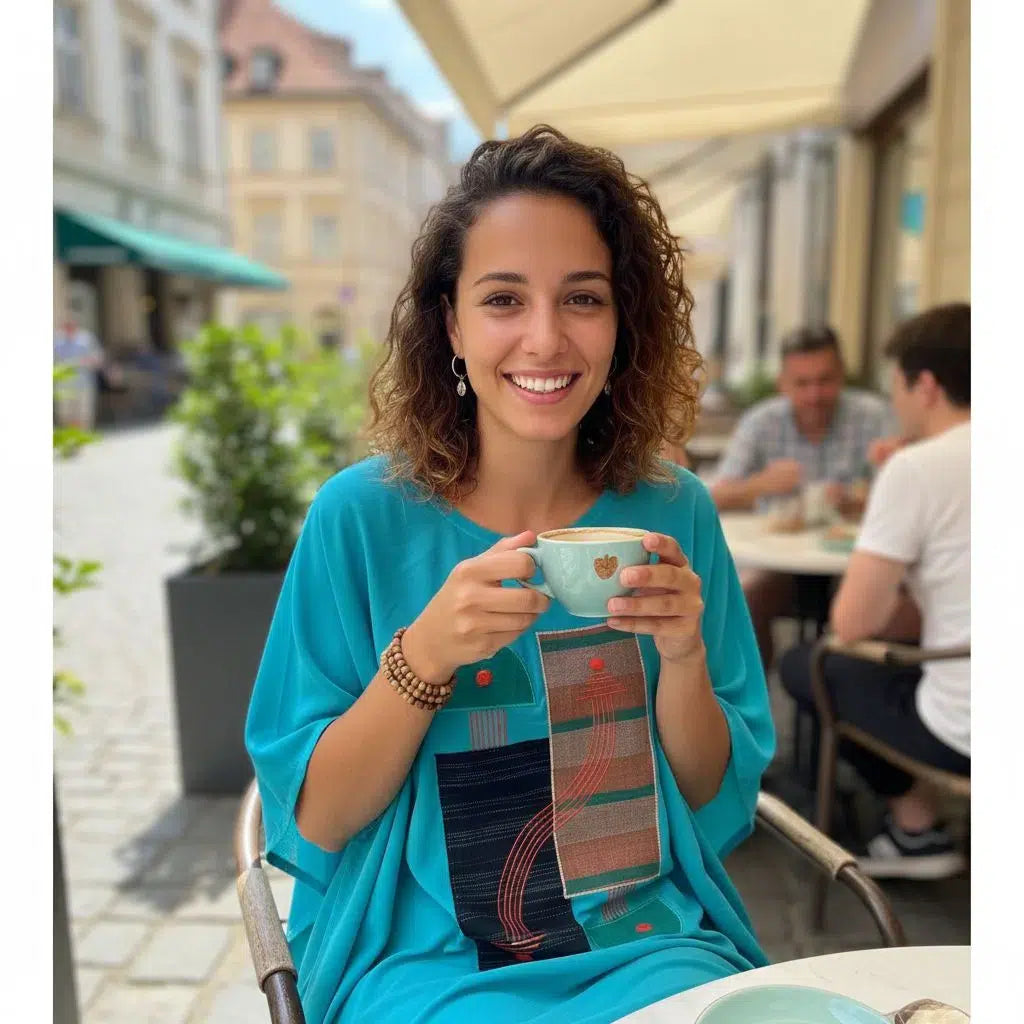 Tunique Turquoise en Pagne Brodée - Style Bohème Été Élégant