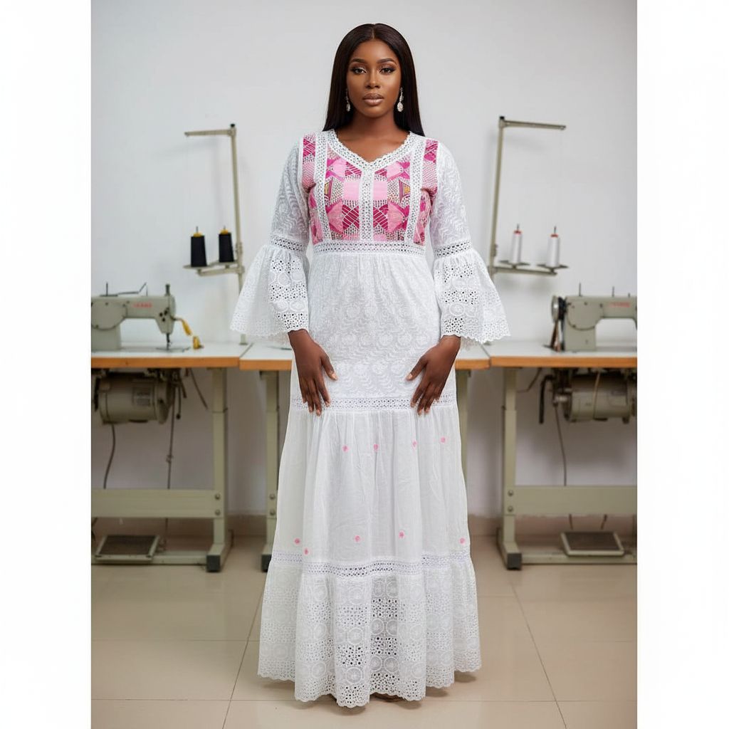 Robe voile brodé femme blanche et rose