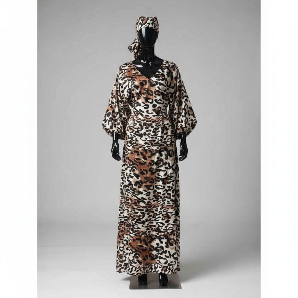 Tunique femme imprimé léopard longue satinée chic avec foulard assorti